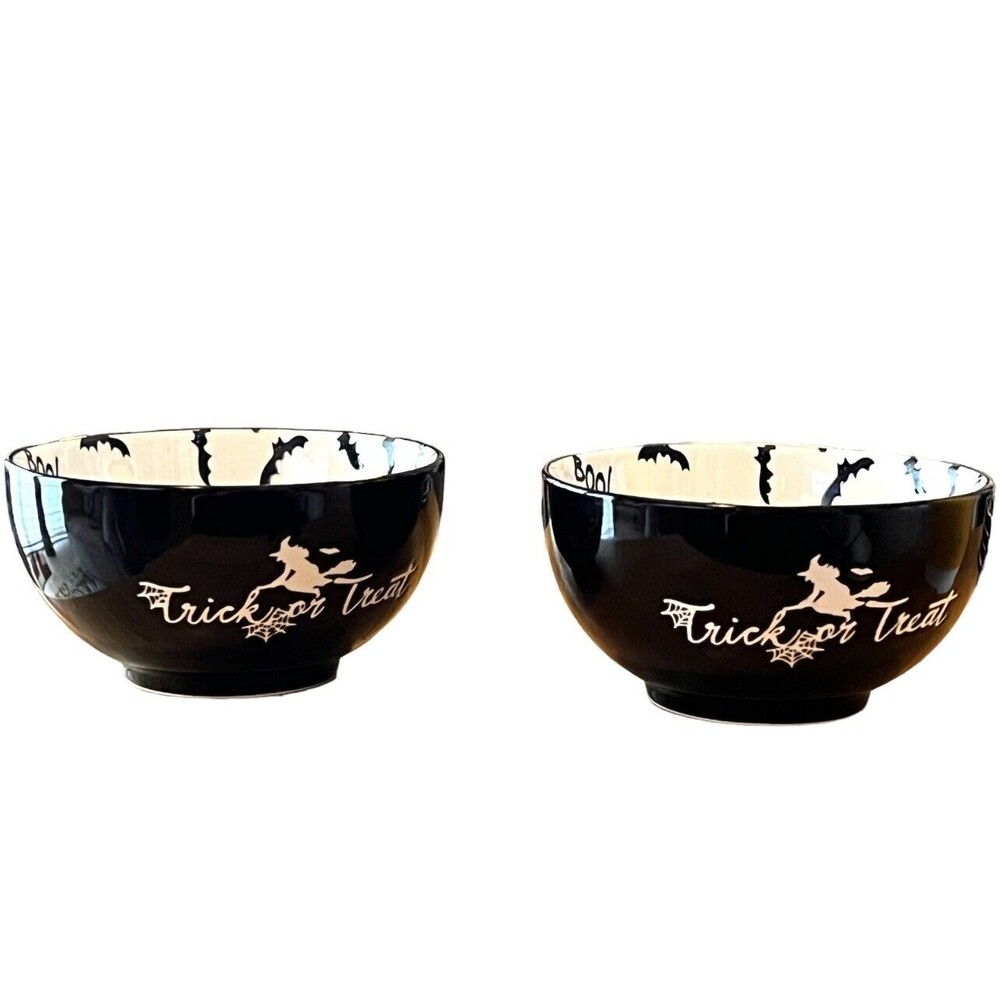 TRICK OR TREAT Flying Witch Mini Bowls W Flying Bats & BOO Inside (2) Halloween